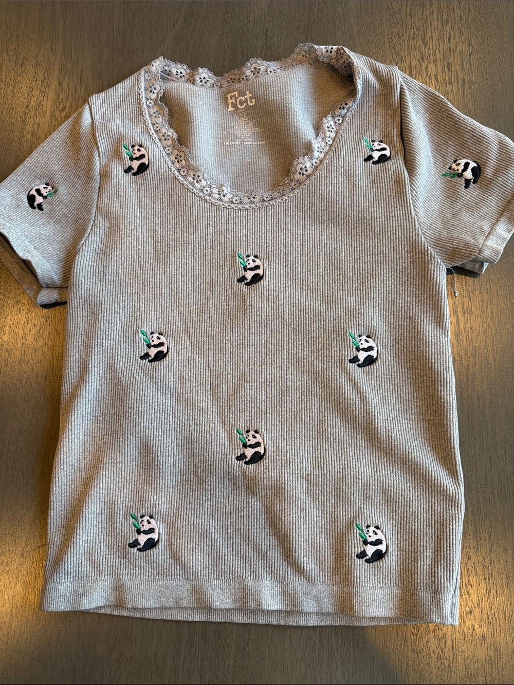 Fct Women's Gray Short Sleeve Tee with Embroidered Panda Motifs